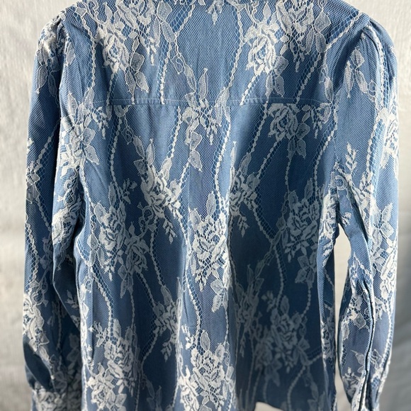 Blue and White Mesh Embroidered Blouse Elegant Top - Picture 3 of 4